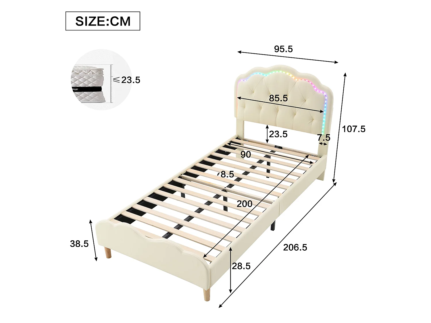 Lit simple 90x200 cm, PU beige, avec tête de lit ondulée et LED multicolores, sans matelas