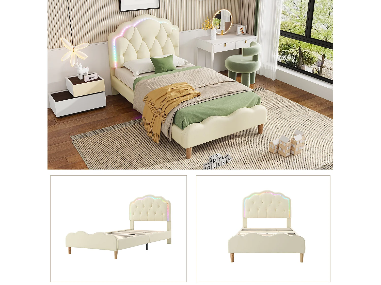 Lit simple 90x200 cm, PU beige, avec tête de lit ondulée et LED multicolores, sans matelas