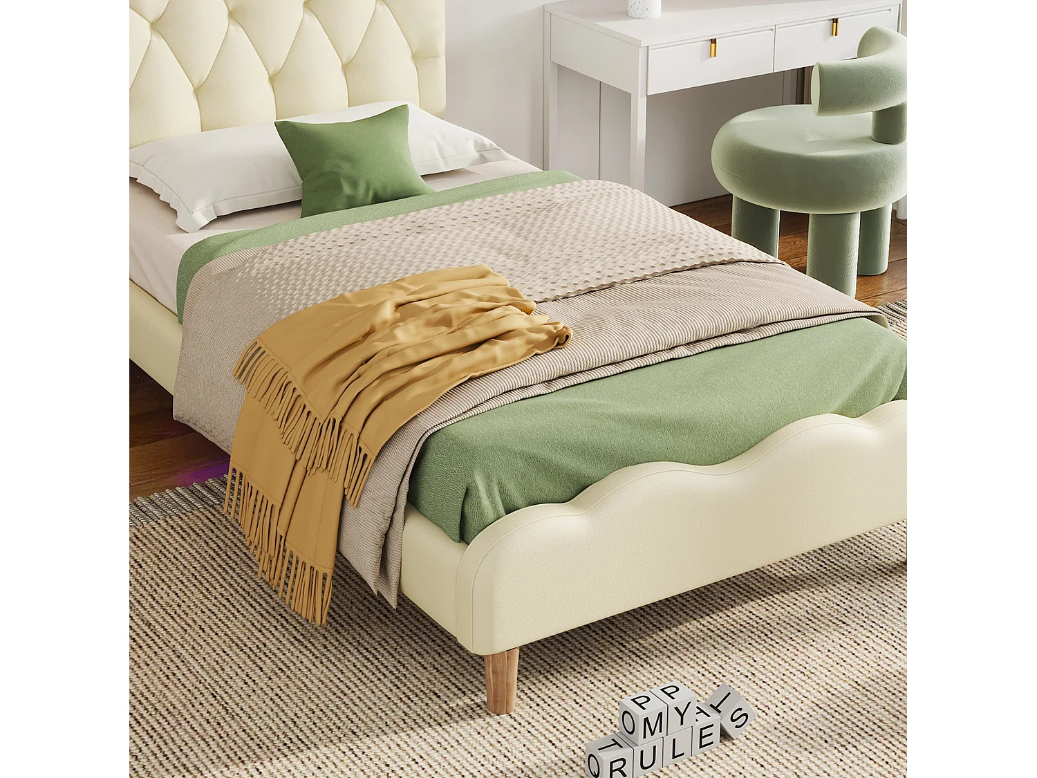 Lit simple 90x200 cm, PU beige, avec tête de lit ondulée et LED multicolores, sans matelas