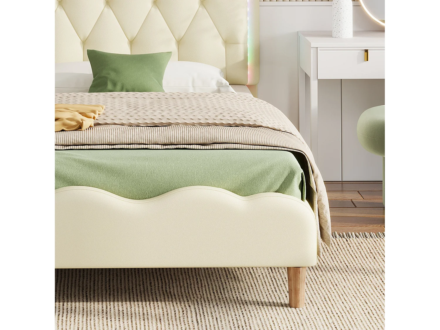 Lit simple 90x200 cm, PU beige, avec tête de lit ondulée et LED multicolores, sans matelas