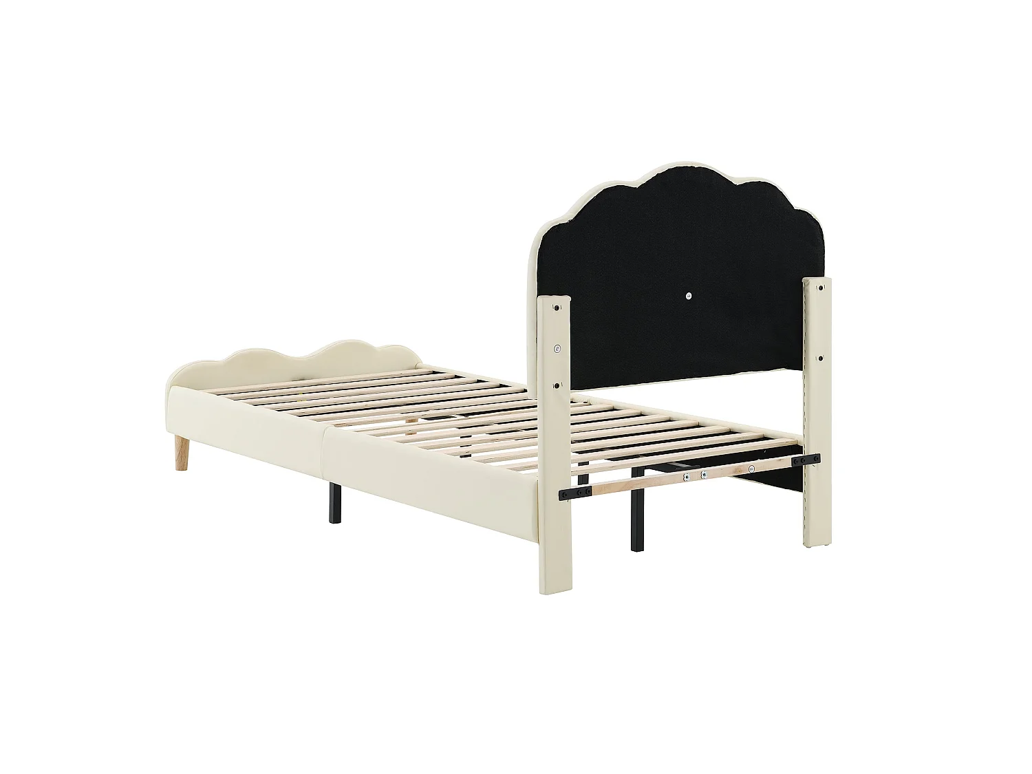 Lit simple 90x200 cm, PU beige, avec tête de lit ondulée et LED multicolores, sans matelas