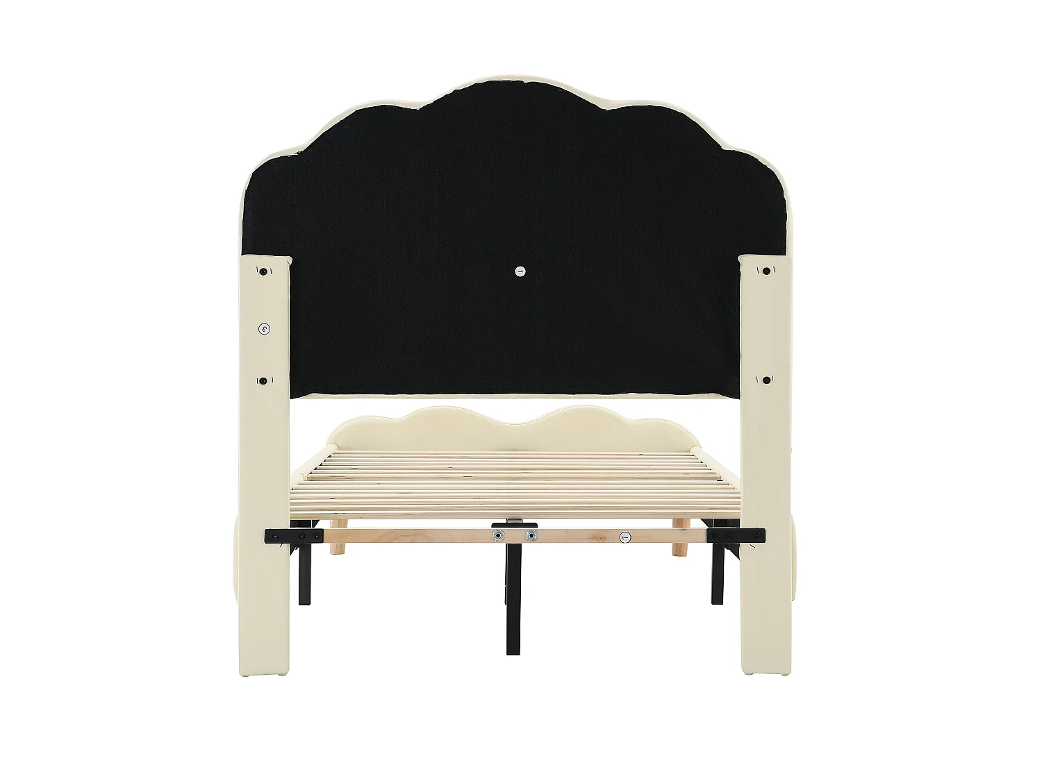 Lit simple 90x200 cm, PU beige, avec tête de lit ondulée et LED multicolores, sans matelas