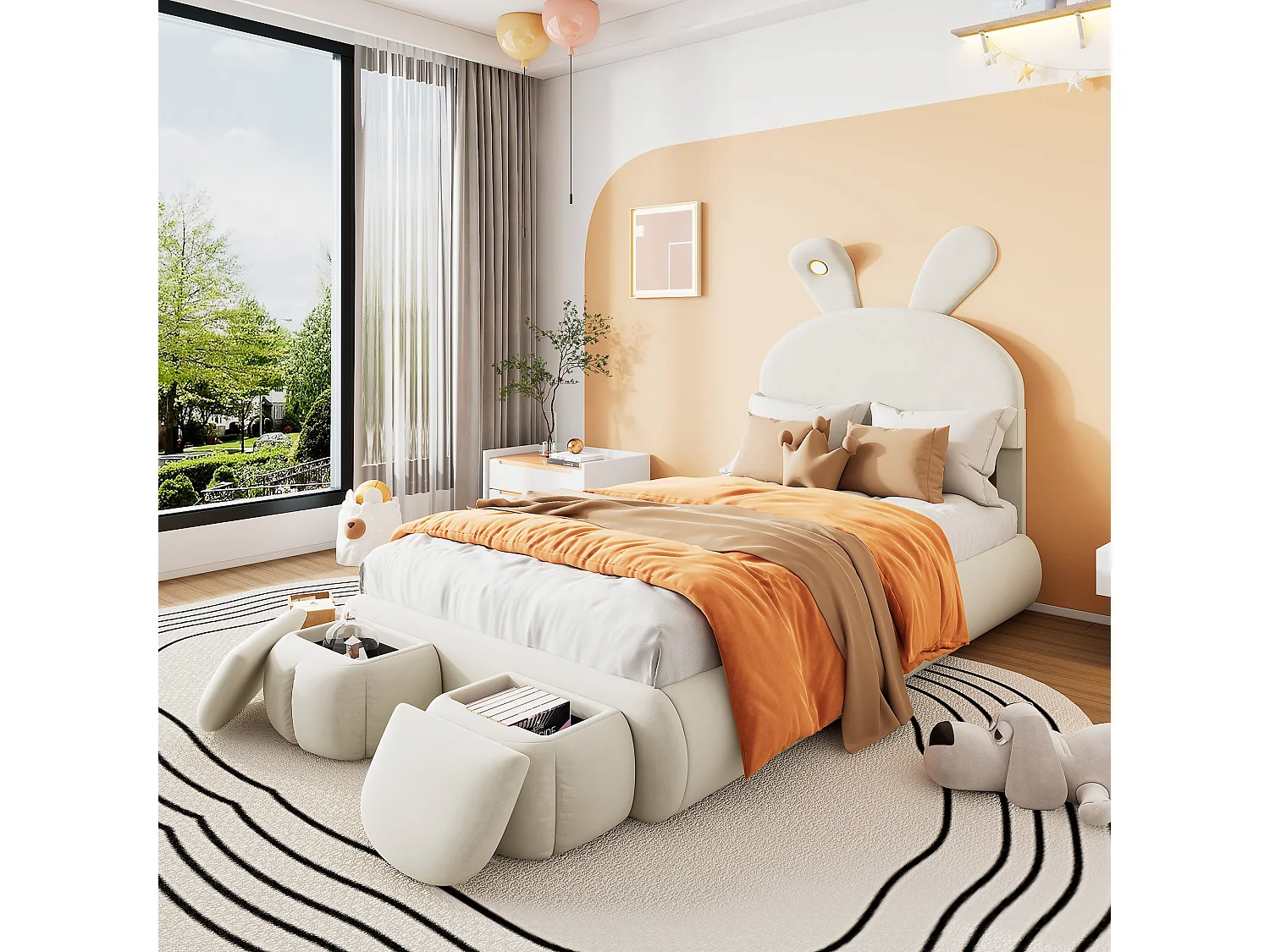 Lit enfant 140x200 cm, velours beige, avec oreilles de lapin LED, 2 tabourets de rangement, tête de lit réglable, sans matelas