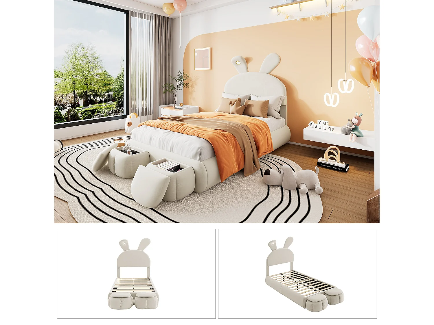 Lit enfant 140x200 cm, velours beige, avec oreilles de lapin LED, 2 tabourets de rangement, tête de lit réglable, sans matelas