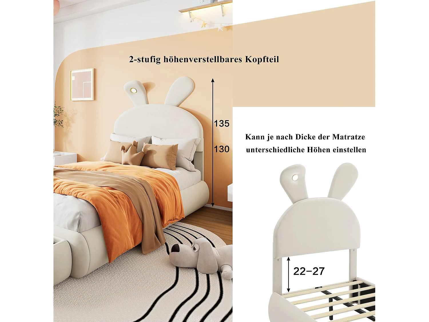 Lit enfant 140x200 cm, velours beige, avec oreilles de lapin LED, 2 tabourets de rangement, tête de lit réglable, sans matelas