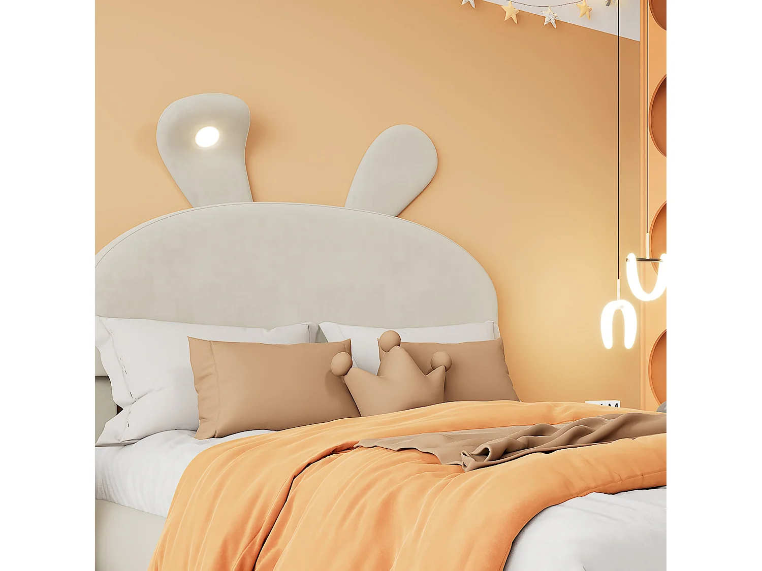 Lit enfant 140x200 cm, velours beige, avec oreilles de lapin LED, 2 tabourets de rangement, tête de lit réglable, sans matelas