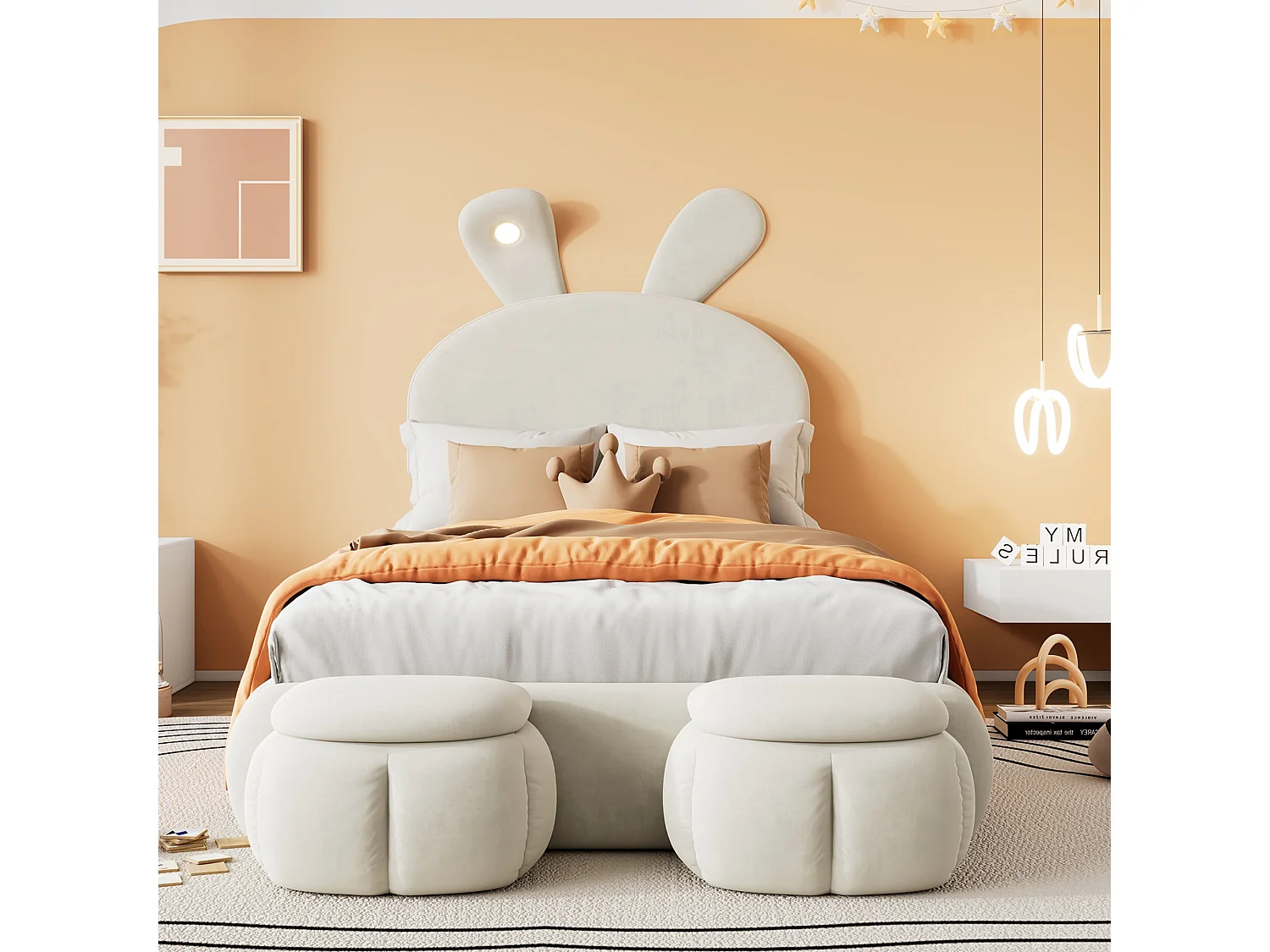 Lit enfant 140x200 cm, velours beige, avec oreilles de lapin LED, 2 tabourets de rangement, tête de lit réglable, sans matelas