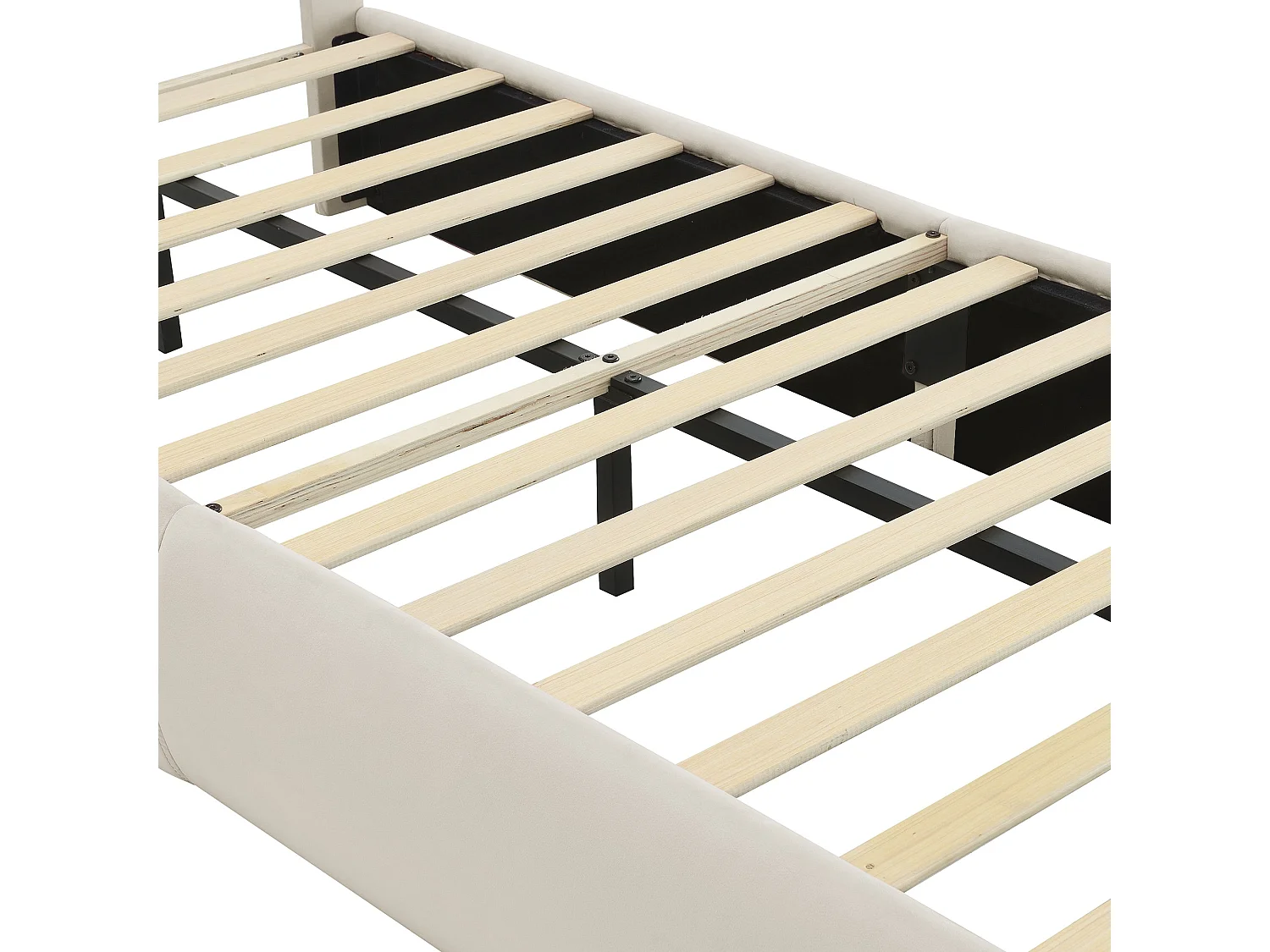 Lit enfant 140x200 cm, velours beige, avec oreilles de lapin LED, 2 tabourets de rangement, tête de lit réglable, sans matelas