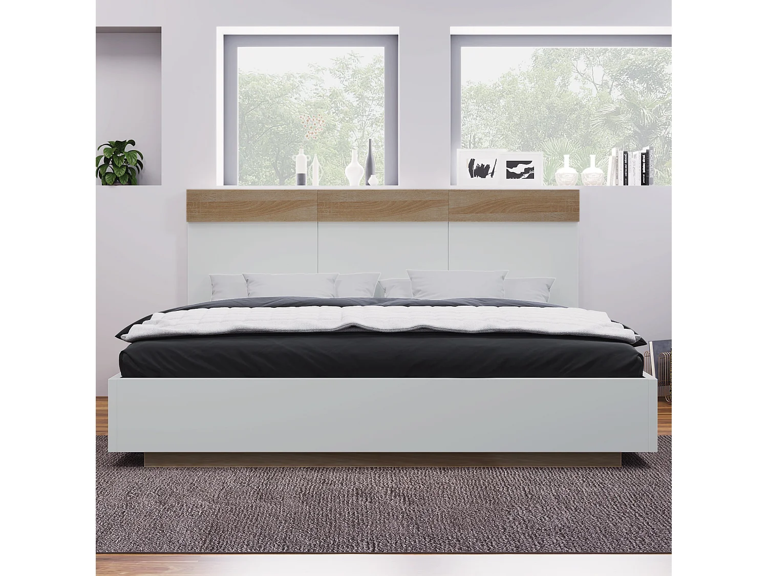 Lit double flottant 160x200 cm, blanc et chêne, avec sommier à lattes intégré et tête de lit spacieuse, sans matelas