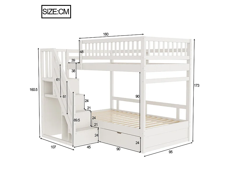 Literas 2x90x200cm - con escalera y cajón - Pino+Contrachapado+MDF - Blanco