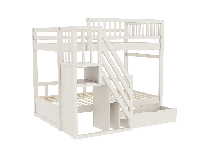 Literas 2x90x200cm - con escalera y cajón - Pino+Contrachapado+MDF - Blanco