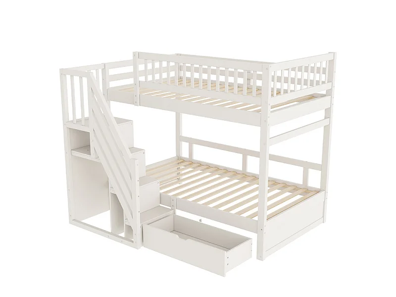 Literas 2x90x200cm - con escalera y cajón - Pino+Contrachapado+MDF - Blanco