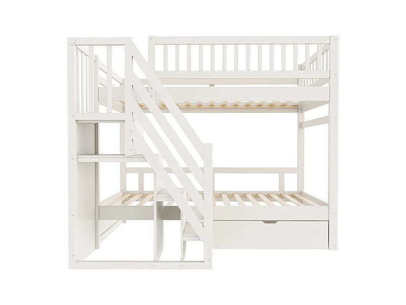 Literas 2x90x200cm - con escalera y cajón - Pino+Contrachapado+MDF - Blanco