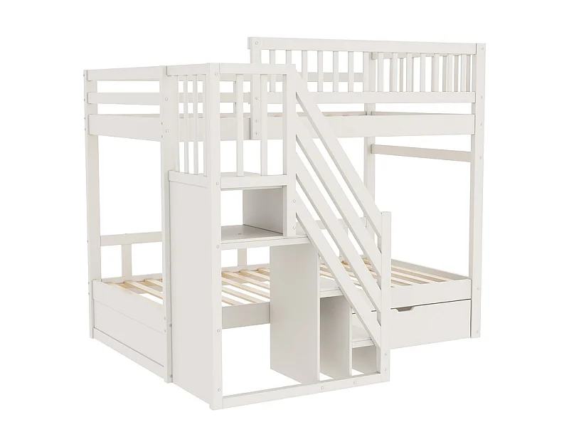 Literas 2x90x200cm - con escalera y cajón - Pino+Contrachapado+MDF - Blanco