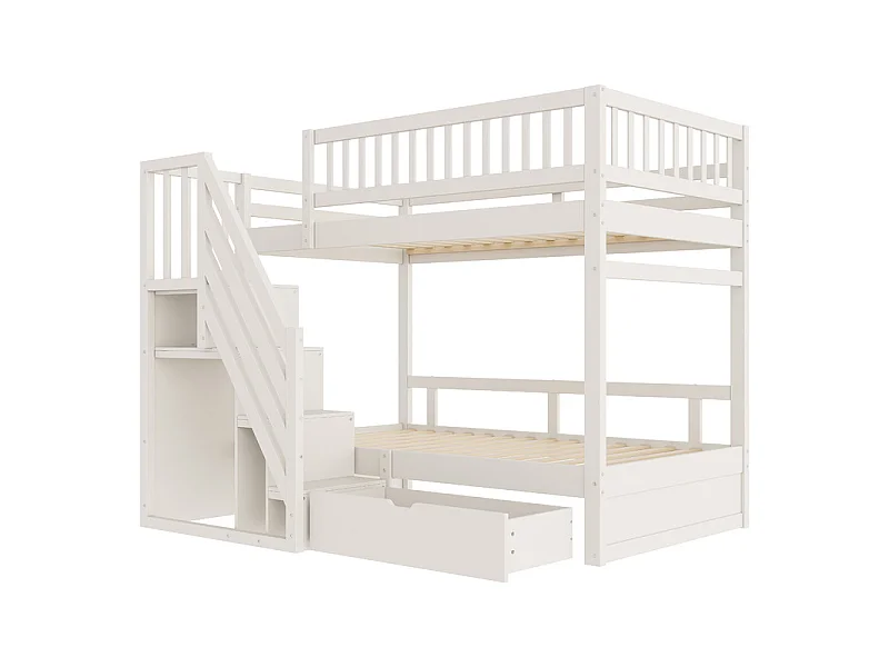 Literas 2x90x200cm - con escalera y cajón - Pino+Contrachapado+MDF - Blanco