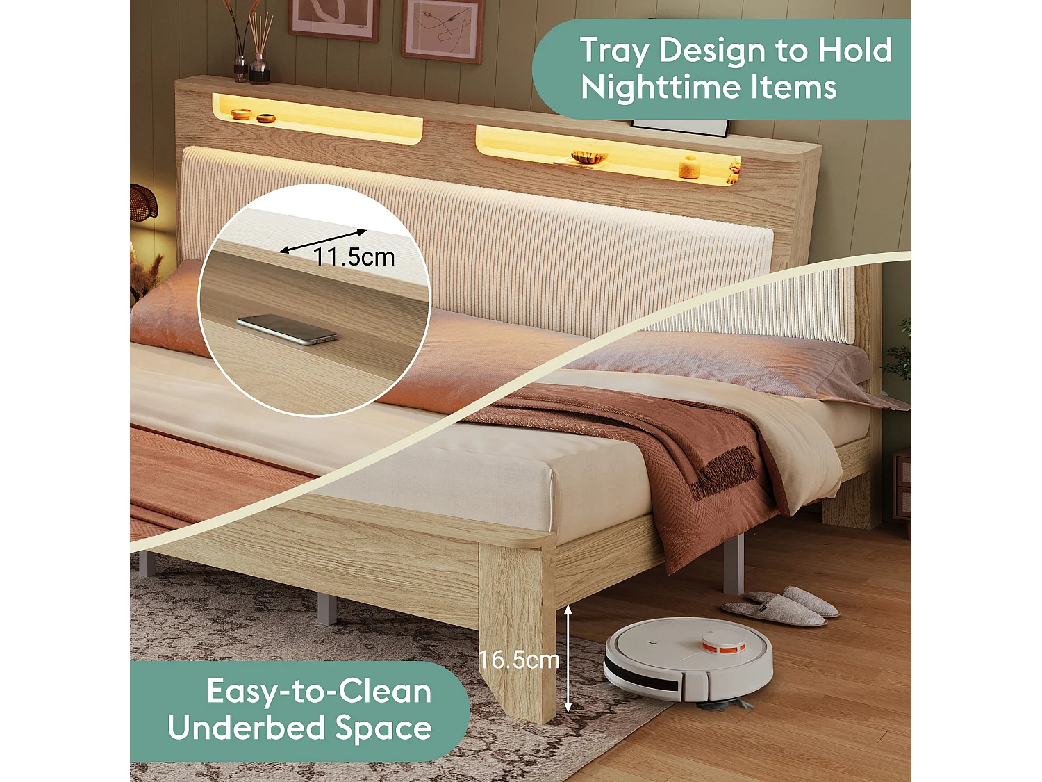 Lit double capitonné 160x200 cm, velours côtelé beige, avec LED télécommandé et rangement de tête de lit, sans matelas