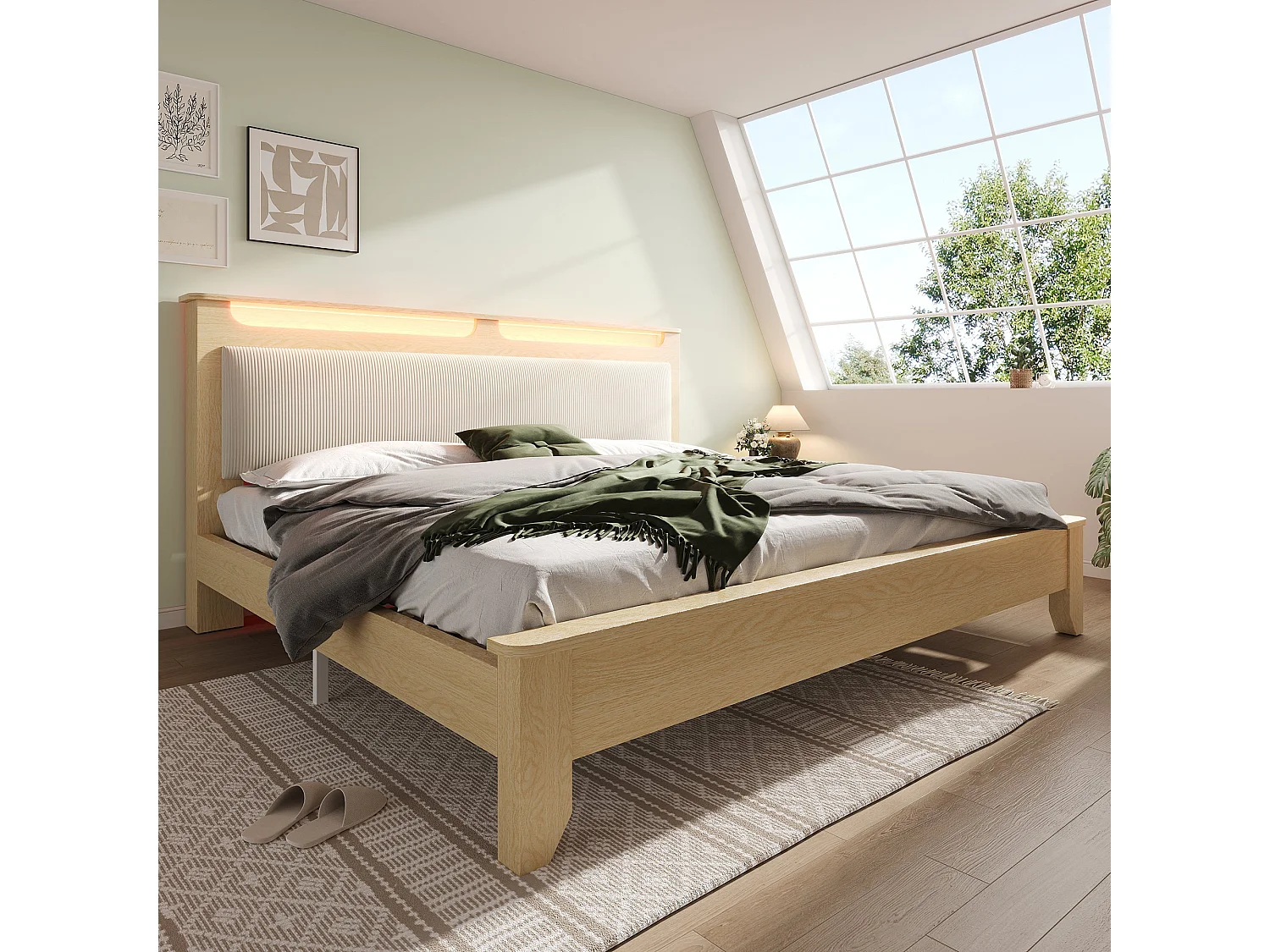 Lit double capitonné 160x200 cm, velours côtelé beige, avec LED télécommandé et rangement de tête de lit, sans matelas