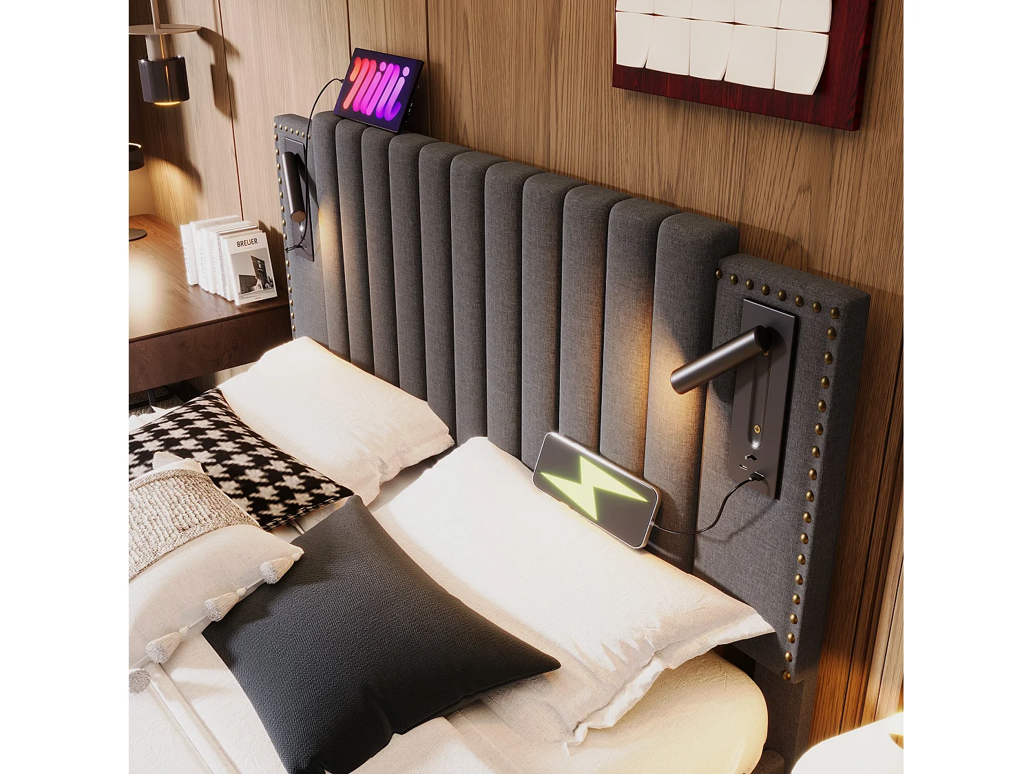 Lit double capitonné 160x200 cm, coton gris, avec lampe de lecture, ports USB et Type-C, rangement hydraulique, sans matelas
