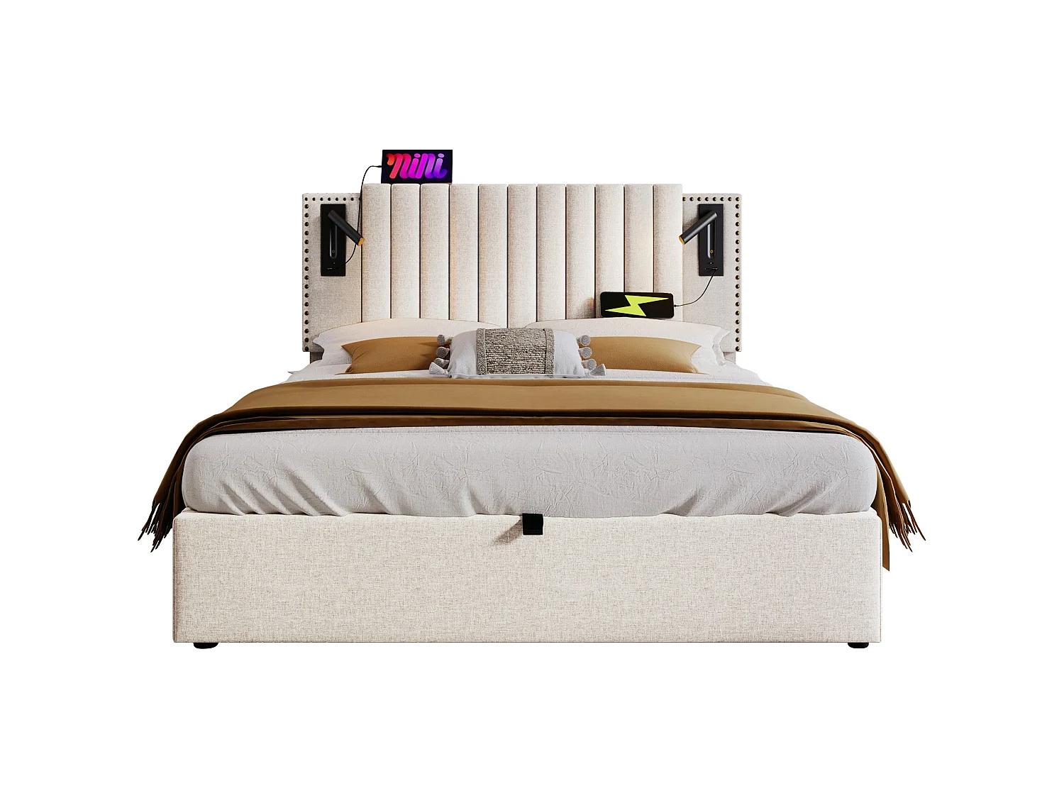 Lit double capitonné 160x200 cm, coton beige, avec lampe de lecture, ports USB et Type-C, rangement hydraulique, sans matelas