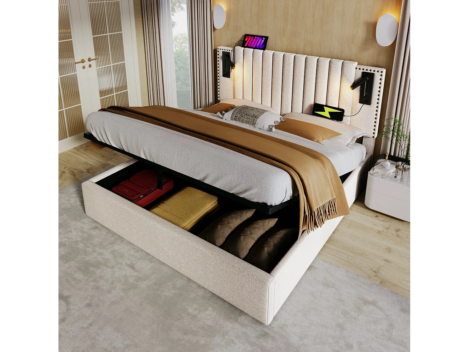 Lit double capitonné 160x200 cm, coton beige, avec lampe de lecture, ports USB et Type-C, rangement hydraulique, sans matelas