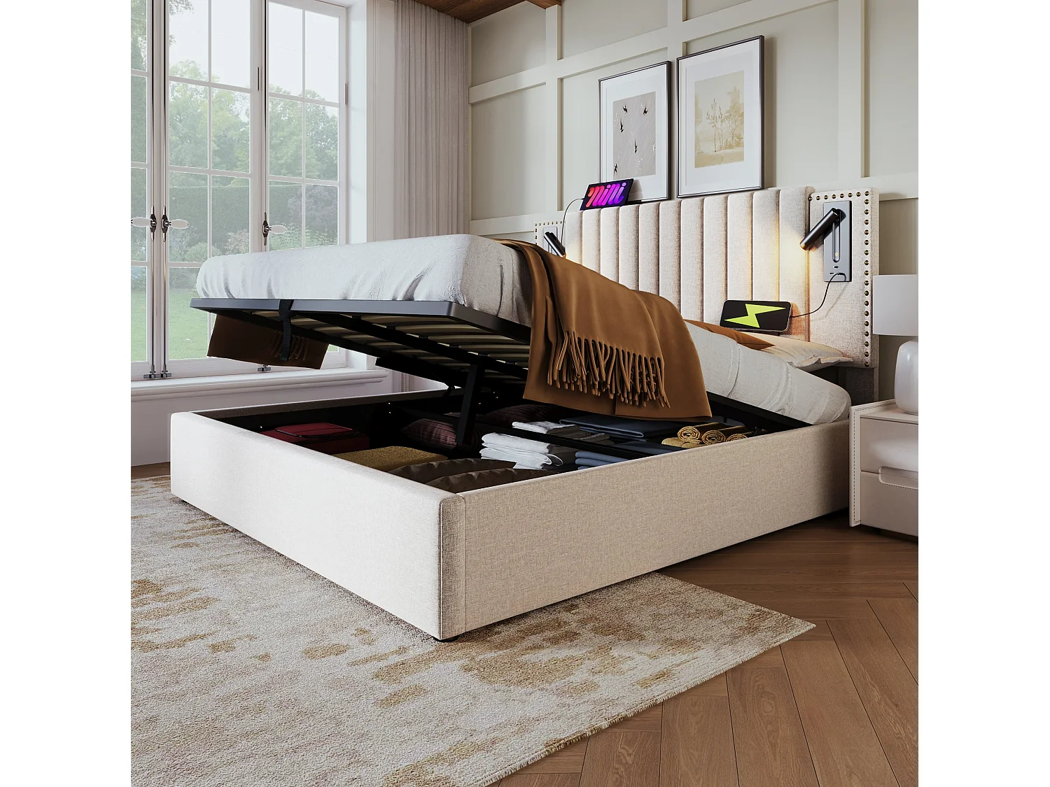 Lit double capitonné 160x200 cm, coton beige, avec lampe de lecture, ports USB et Type-C, rangement hydraulique, sans matelas