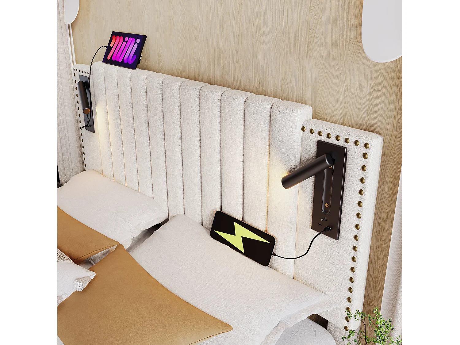 Lit double capitonné 160x200 cm, coton beige, avec lampe de lecture, ports USB et Type-C, rangement hydraulique, sans matelas