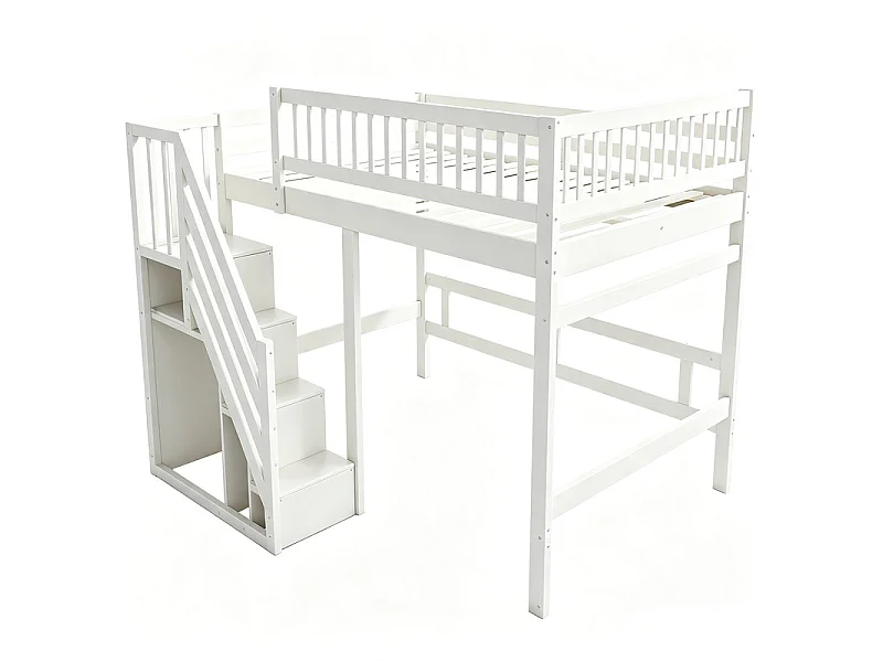 Lits superposés 140 x 200 cm - avec escalier - Pin + Contreplaqué + MDF - Blanc