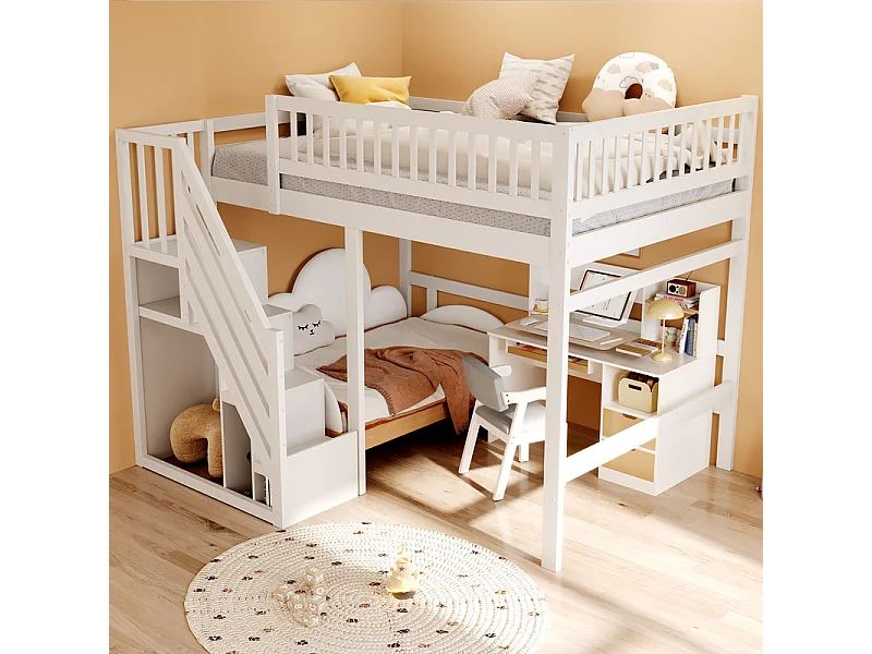 Lits superposés 140 x 200 cm - avec escalier - Pin + Contreplaqué + MDF - Blanc