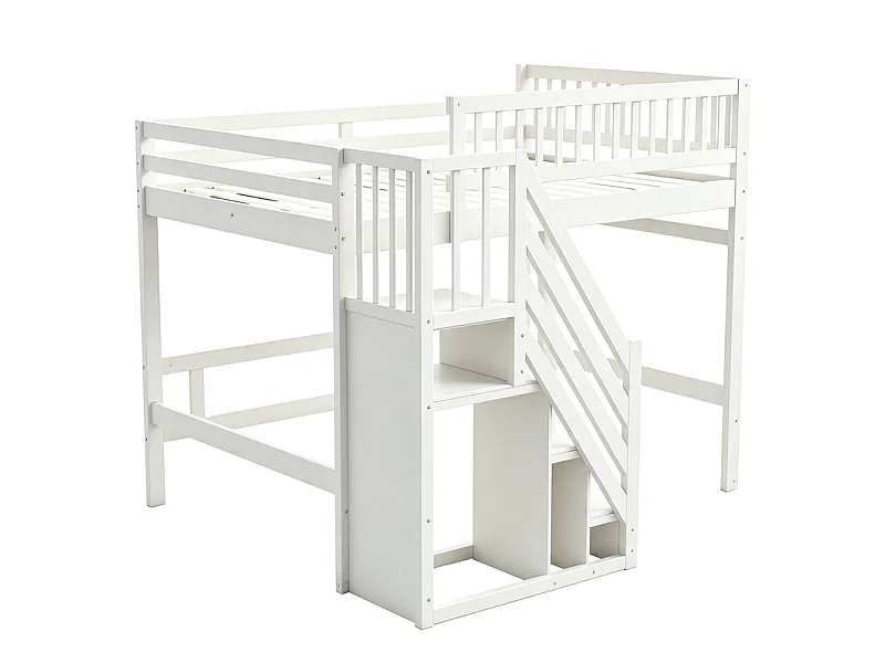 Lits superposés 140 x 200 cm - avec escalier - Pin + Contreplaqué + MDF - Blanc