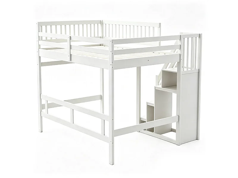 Lits superposés 140 x 200 cm - avec escalier - Pin + Contreplaqué + MDF - Blanc