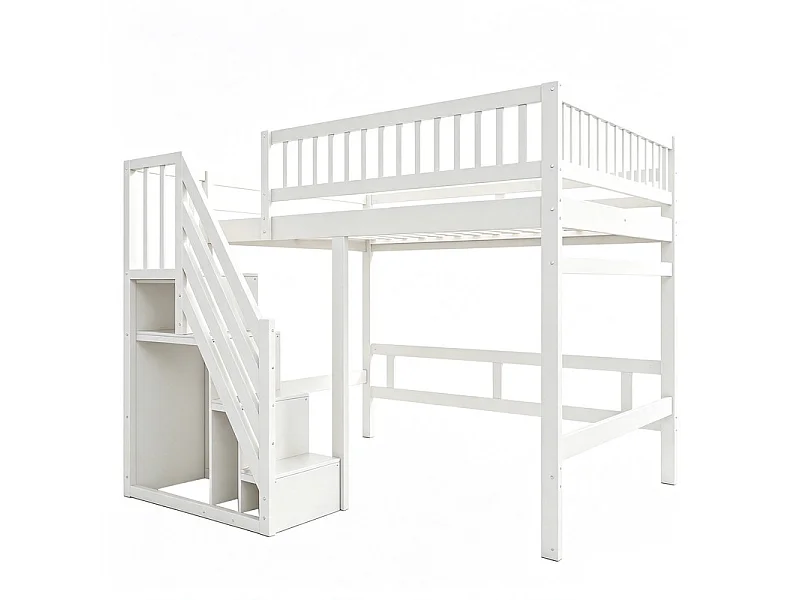 Lits superposés 140 x 200 cm - avec escalier - Pin + Contreplaqué + MDF - Blanc