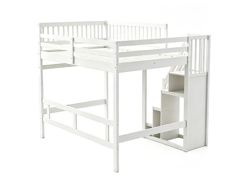 Lits superposés 140 x 200 cm - avec escalier - Pin + Contreplaqué + MDF - Blanc