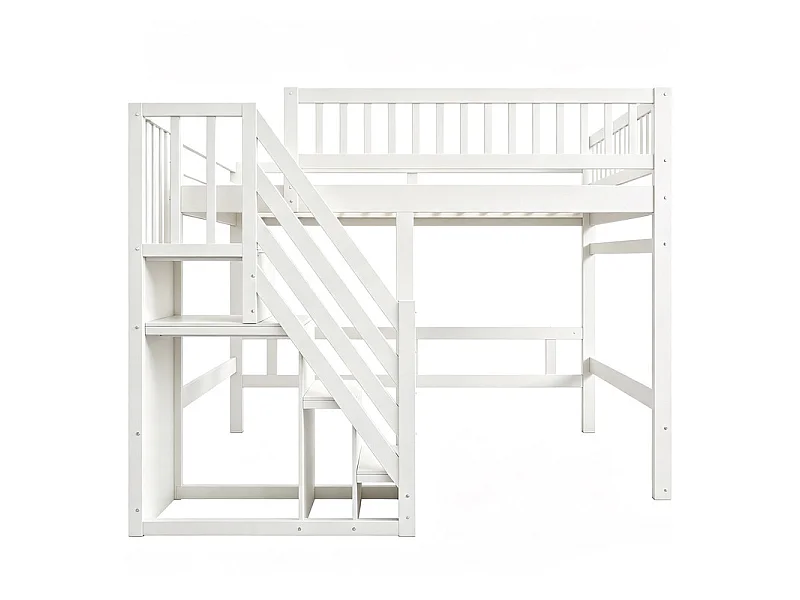 Lits superposés 140 x 200 cm - avec escalier - Pin + Contreplaqué + MDF - Blanc