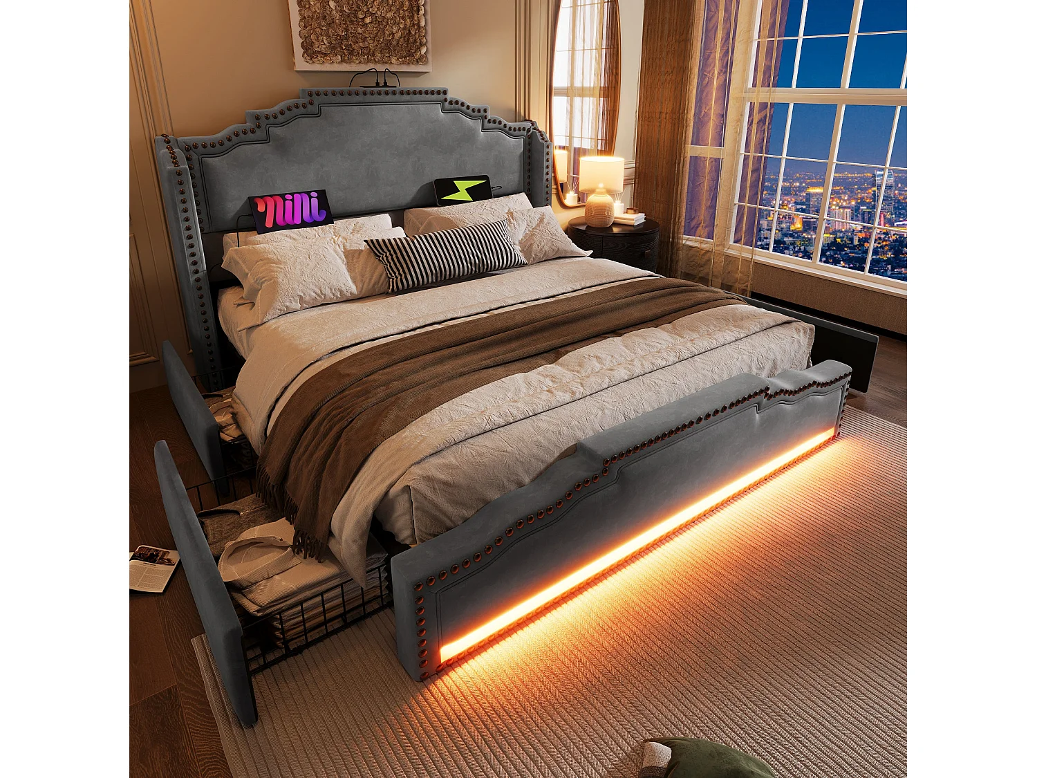 Lit double capitonné 160x200 cm, velours gris, avec LED, ports USB et Type-C, rangement à 4 tiroirs, sans matelas