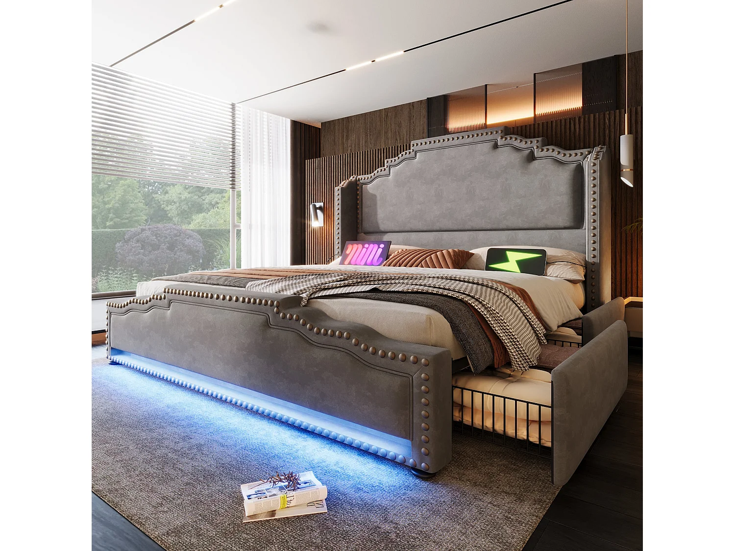 Lit double capitonné 160x200 cm, velours gris, avec LED, ports USB et Type-C, rangement à 4 tiroirs, sans matelas