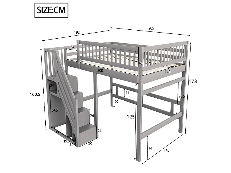 Literas 140x200cm - con escalera - Pino+Contrachapado+MDF - Gris