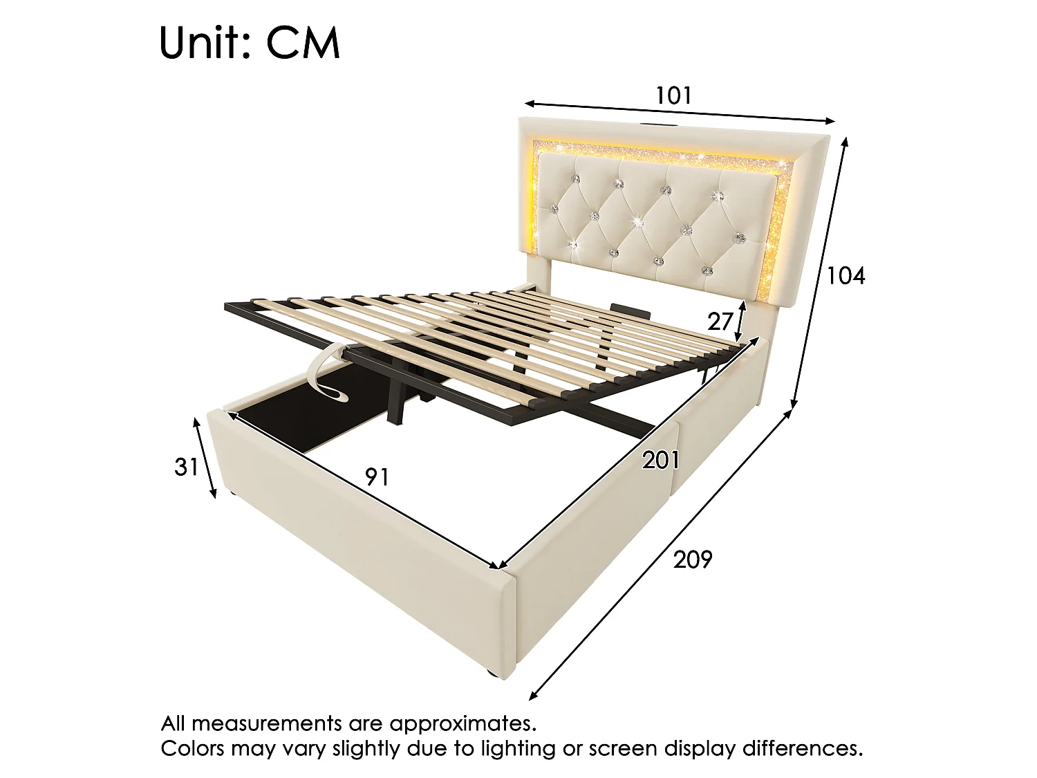 Lit simple capitonné 90x200 cm, velours beige, avec LED diamant, ports USB et Type-C, rangement hydraulique, sans matelas