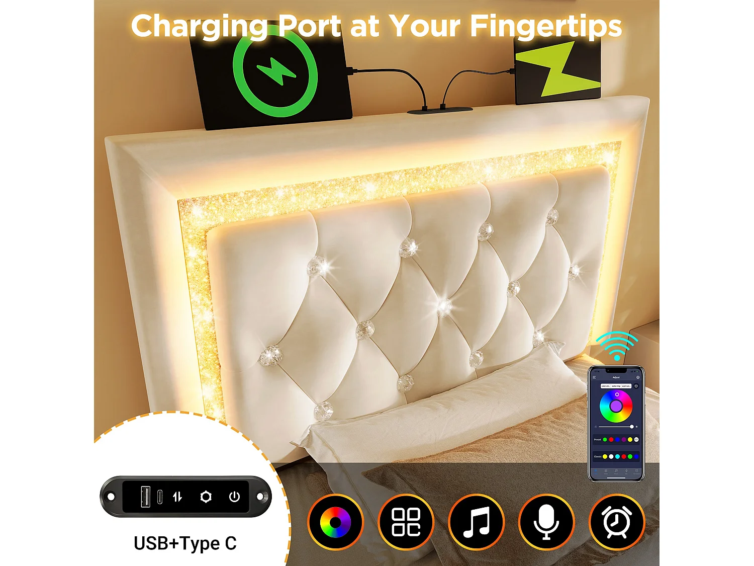 Lit simple capitonné 90x200 cm, velours beige, avec LED diamant, ports USB et Type-C, rangement hydraulique, sans matelas