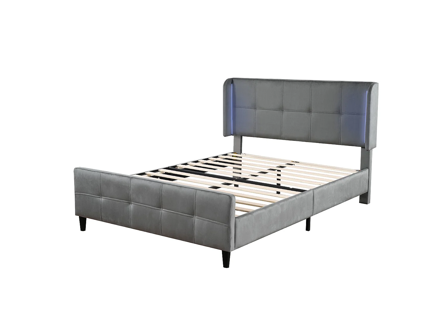 Lit double 140x200 cm, velours gris, avec LED latérales 16 couleurs, tête de lit matelassée et réglable, sans matelas