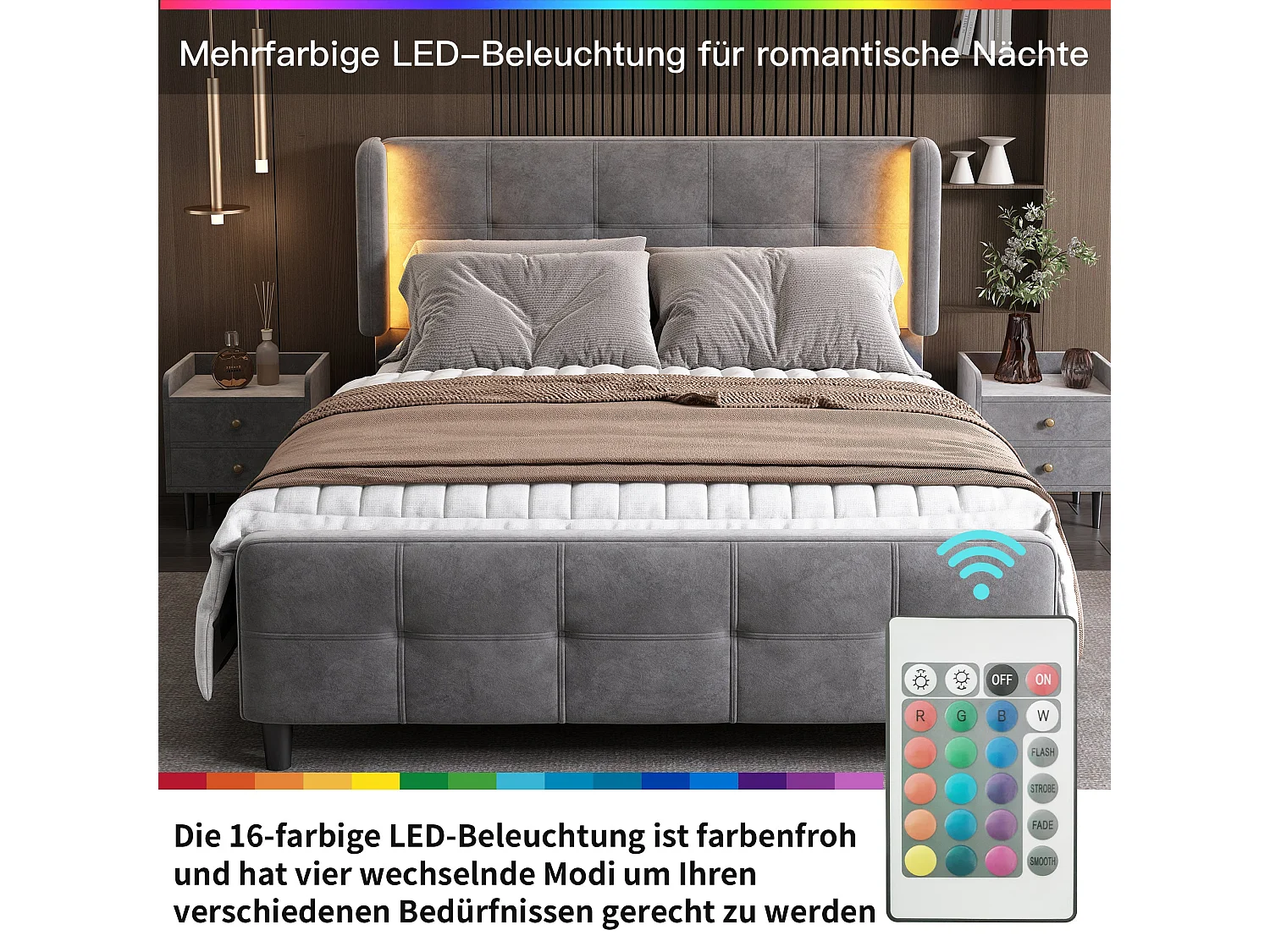 Lit double 140x200 cm, velours gris, avec LED latérales 16 couleurs, tête de lit matelassée et réglable, sans matelas