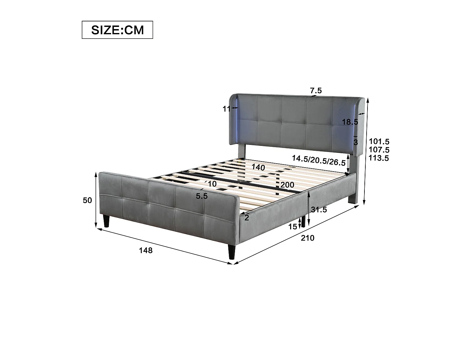 Lit double 140x200 cm, velours gris, avec LED latérales 16 couleurs, tête de lit matelassée et réglable, sans matelas