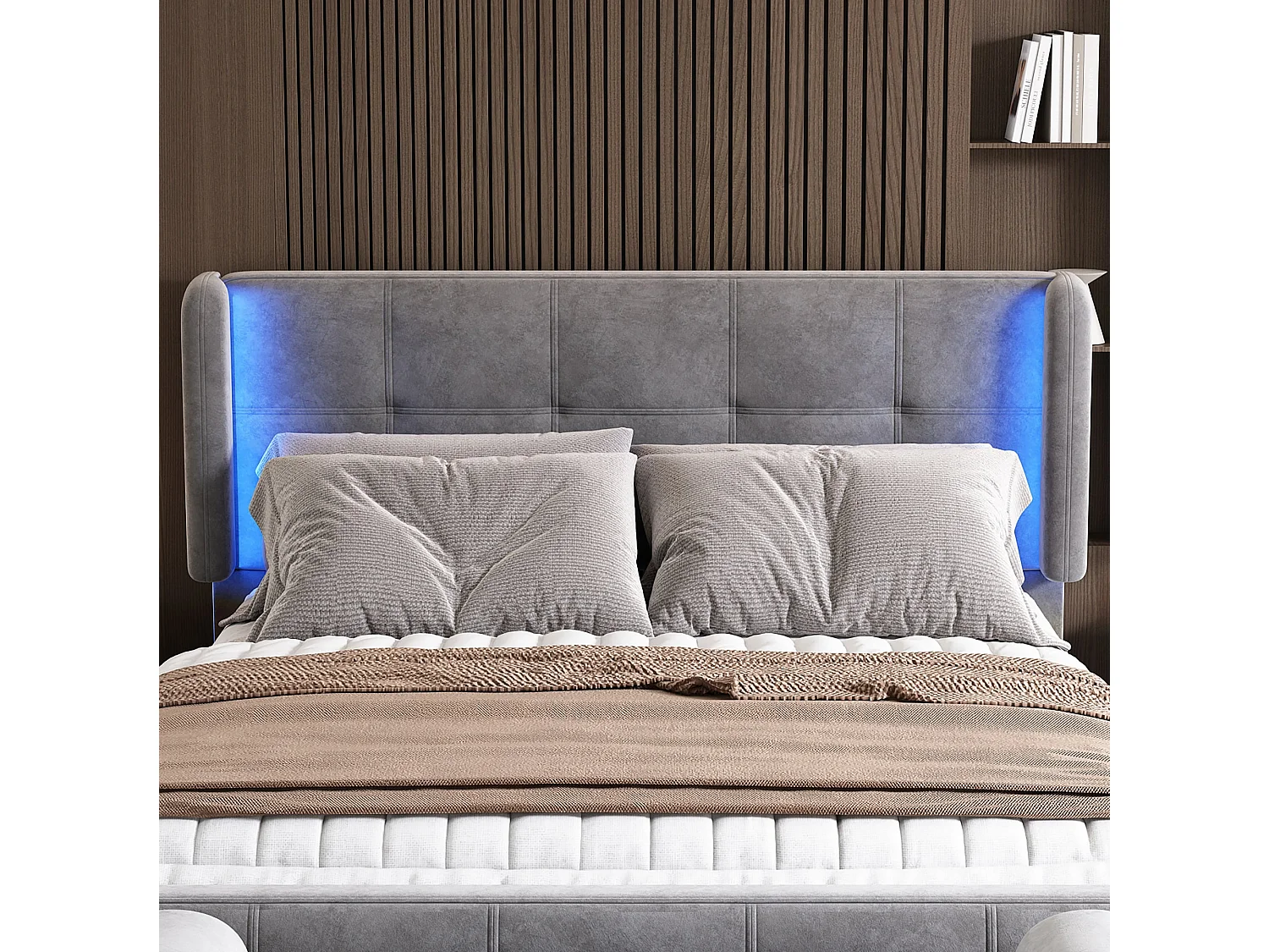 Lit double 140x200 cm, velours gris, avec LED latérales 16 couleurs, tête de lit matelassée et réglable, sans matelas