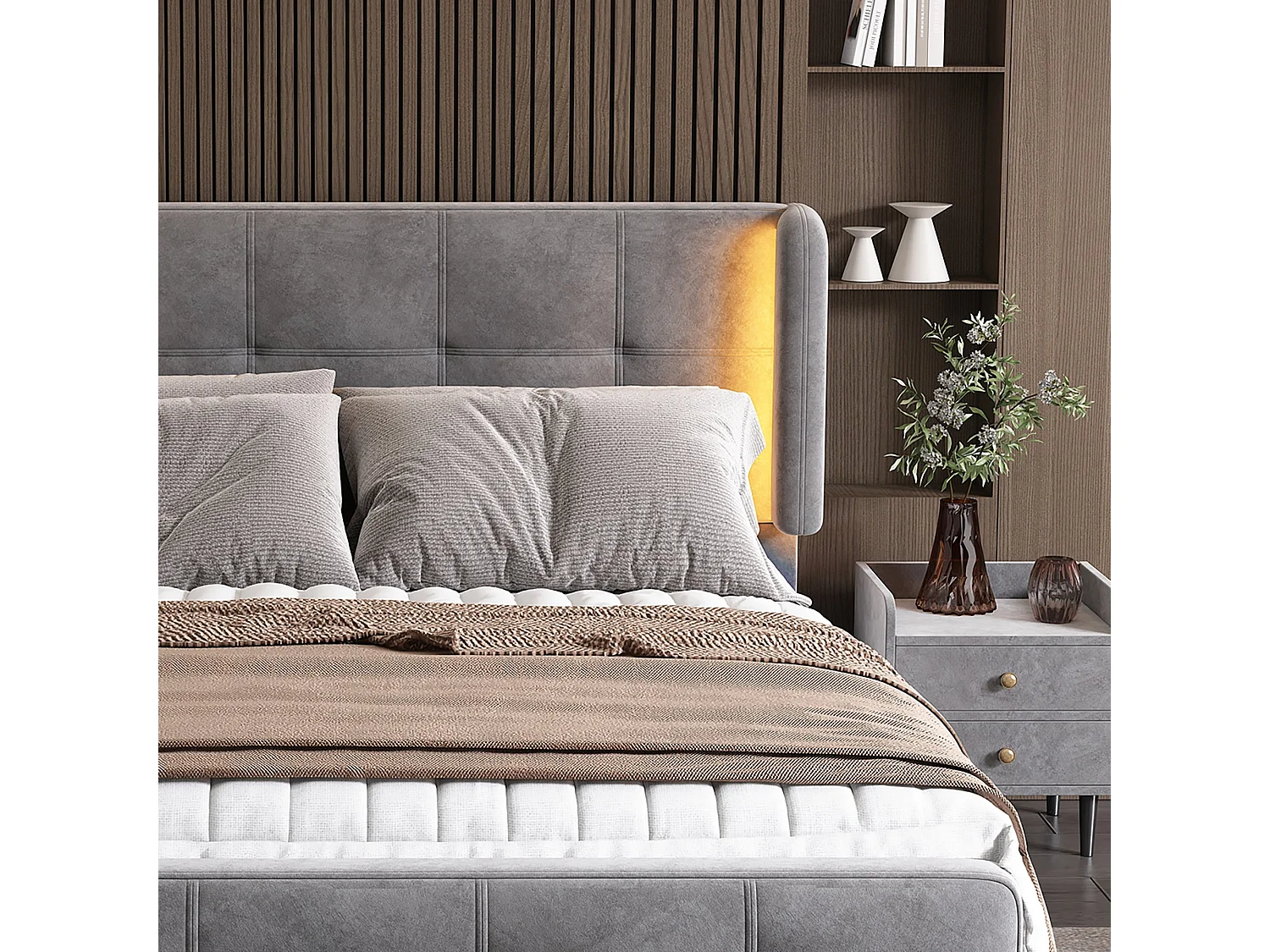 Lit double 140x200 cm, velours gris, avec LED latérales 16 couleurs, tête de lit matelassée et réglable, sans matelas