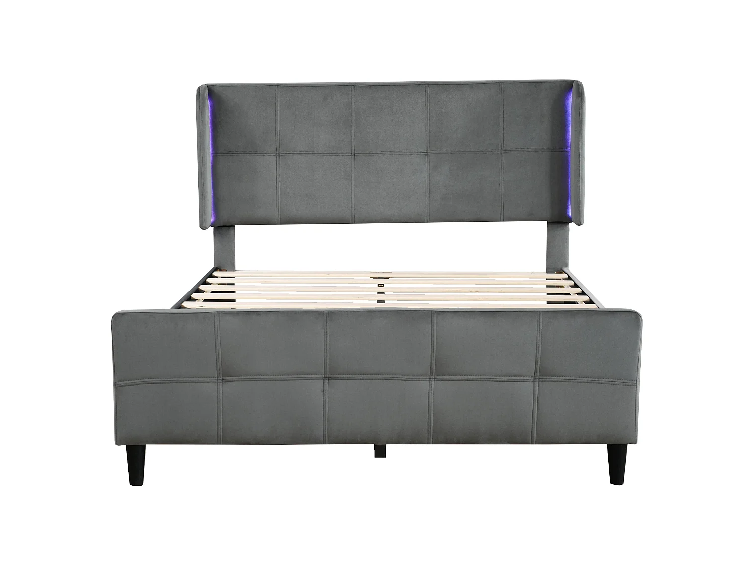 Lit double 140x200 cm, velours gris, avec LED latérales 16 couleurs, tête de lit matelassée et réglable, sans matelas