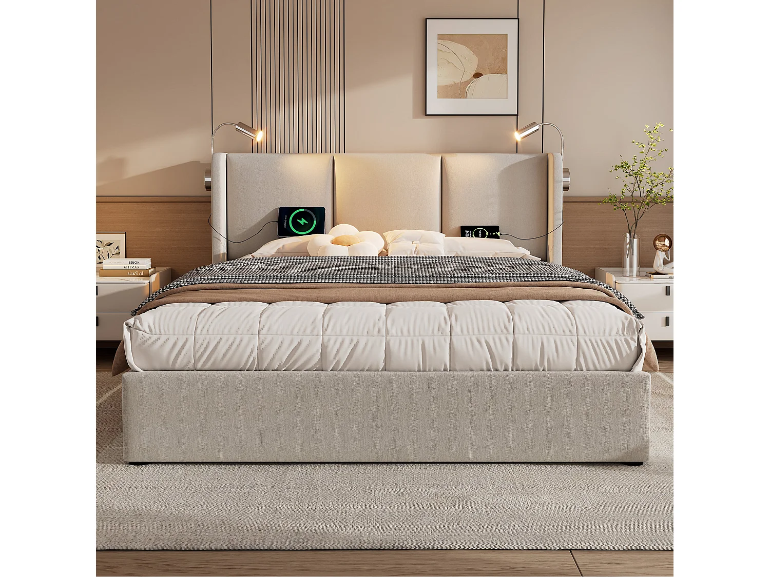 Lit double 140x200 cm, lin beige, avec lampe de lecture, ports USB, rangement hydraulique, sans matelas