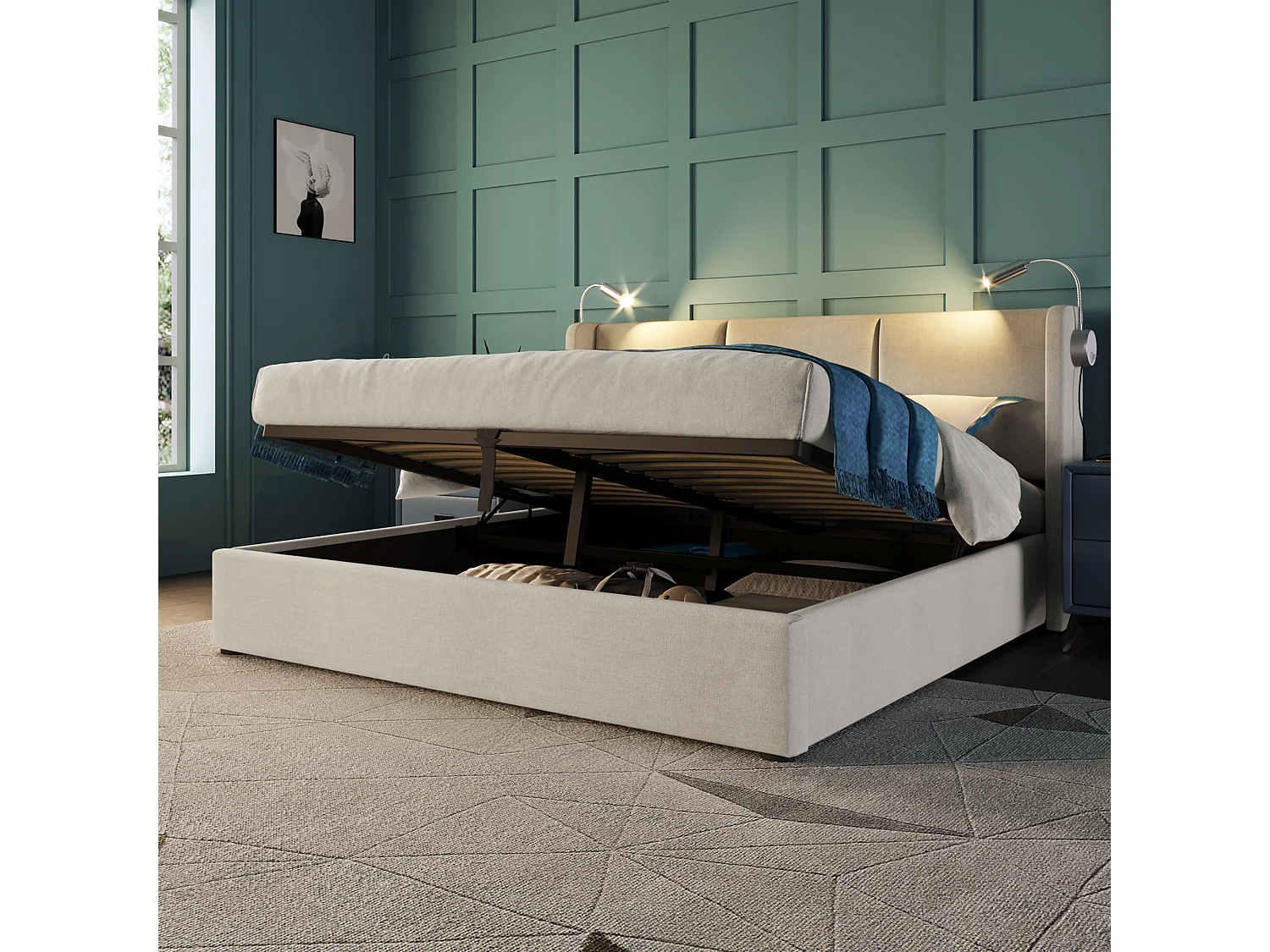 Lit double 140x200 cm, lin beige, avec lampe de lecture, ports USB, rangement hydraulique, sans matelas