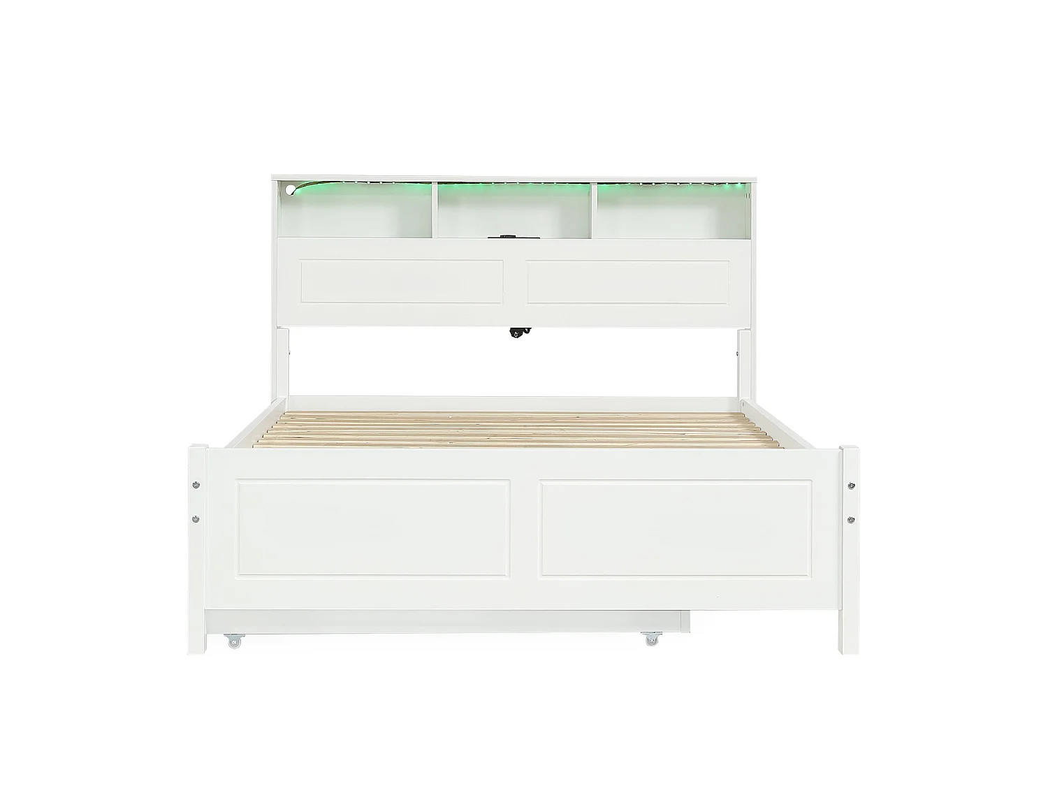 Lit double familial 120x200 cm, bois massif blanc, avec lit gigogne, LED, prises de charge et rangement, sans matelas