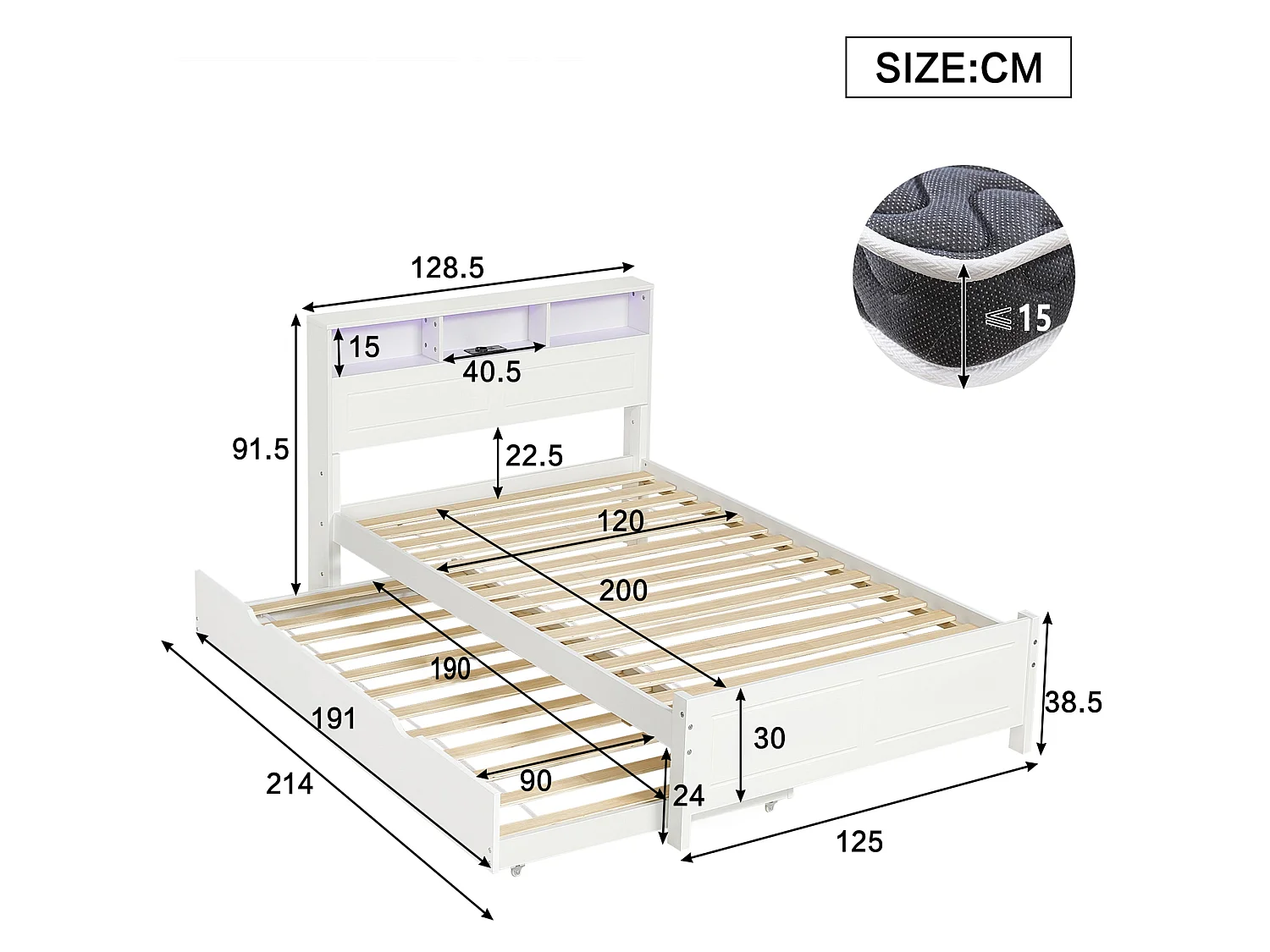 Lit double familial 120x200 cm, bois massif blanc, avec lit gigogne, LED, prises de charge et rangement, sans matelas