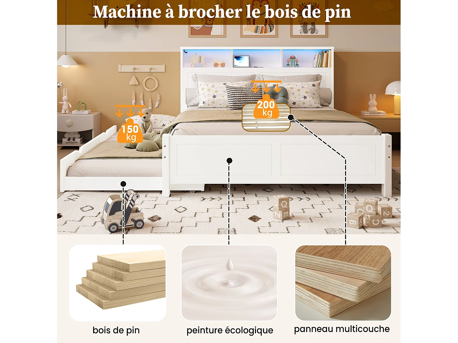 Lit double familial 120x200 cm, bois massif blanc, avec lit gigogne, LED, prises de charge et rangement, sans matelas