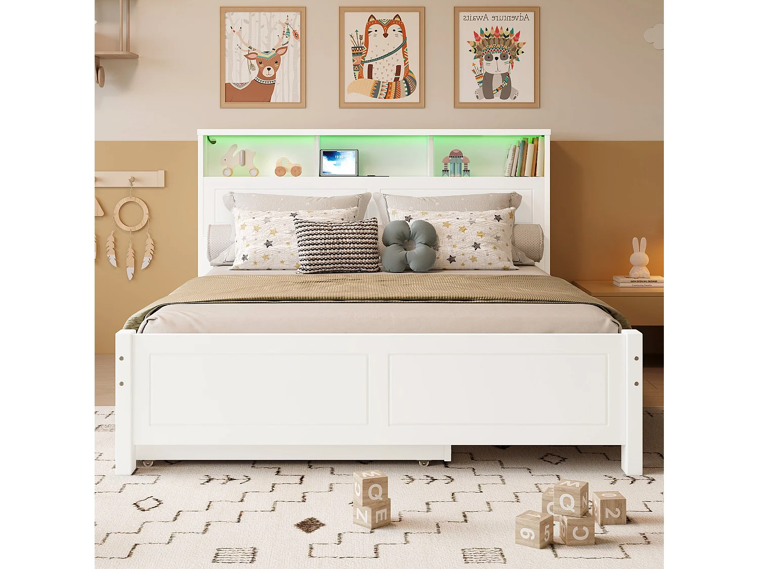 Lit double familial 120x200 cm, bois massif blanc, avec lit gigogne, LED, prises de charge et rangement, sans matelas
